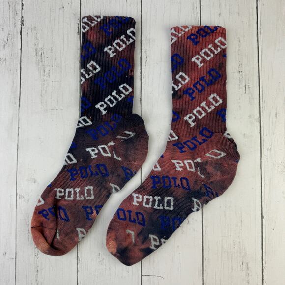 POLO Ralph Lauren All Over Logo Spell-out Tie-Dye Crew Socks Unisex - Picture 1 of 10
